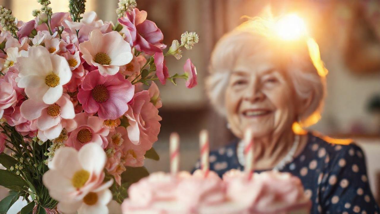 Una anciana sonríe a la belleza floral