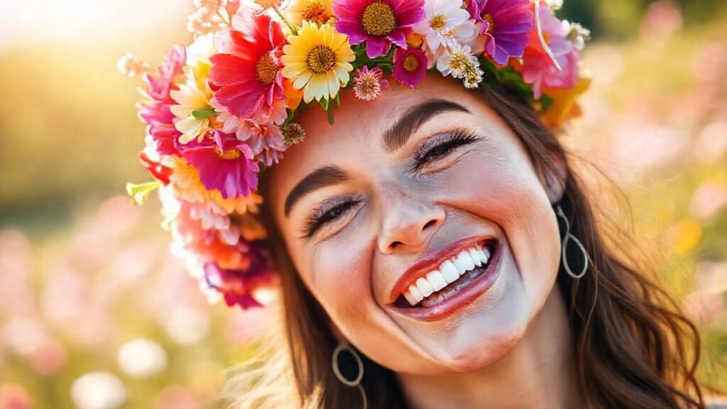 Mujer feliz en ramo floral celebra