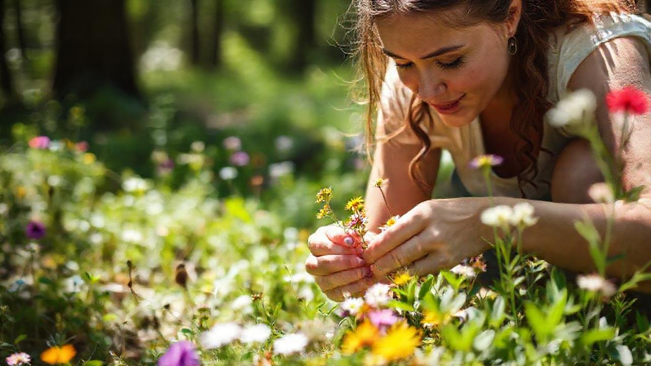 Mujer recolecta flores con cuidado