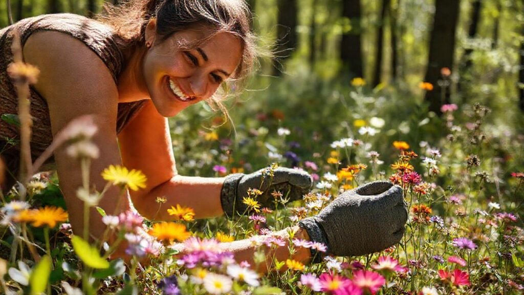 Mujer recoge flores con cuidado