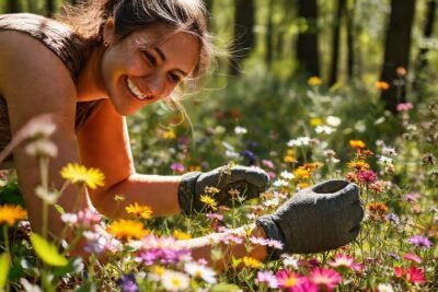 Mujer recoge flores con cuidado