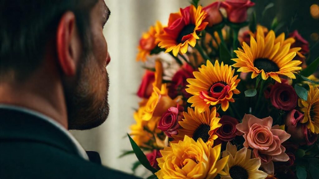 Un hombre admira un ramo vibrante