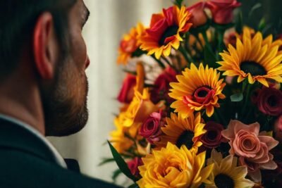 Un hombre admira un ramo vibrante