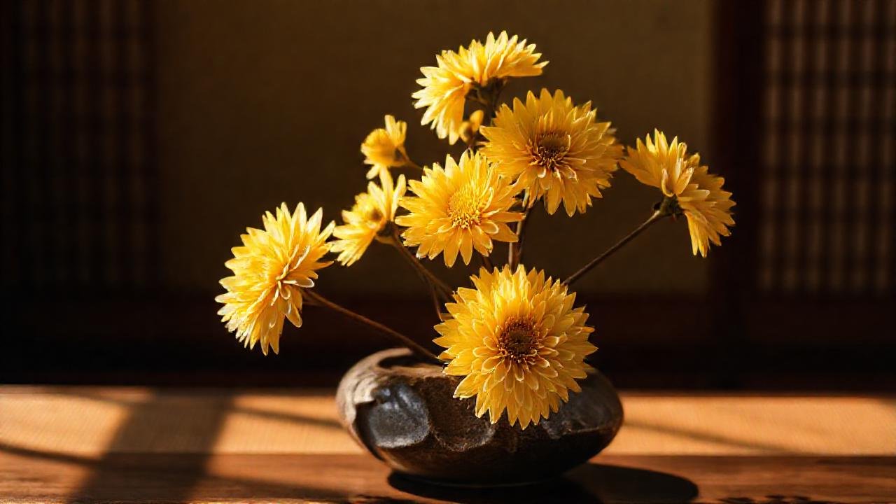 Ikebana dorada, belleza serena y cálida