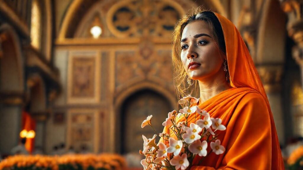 Mujer piadosa en un fondo floral dorado