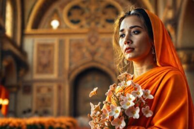 Mujer piadosa en un fondo floral dorado