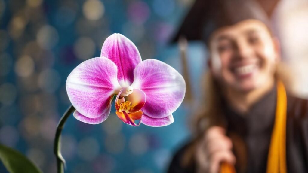 Graduado sonriente recibe premios en orquídeas