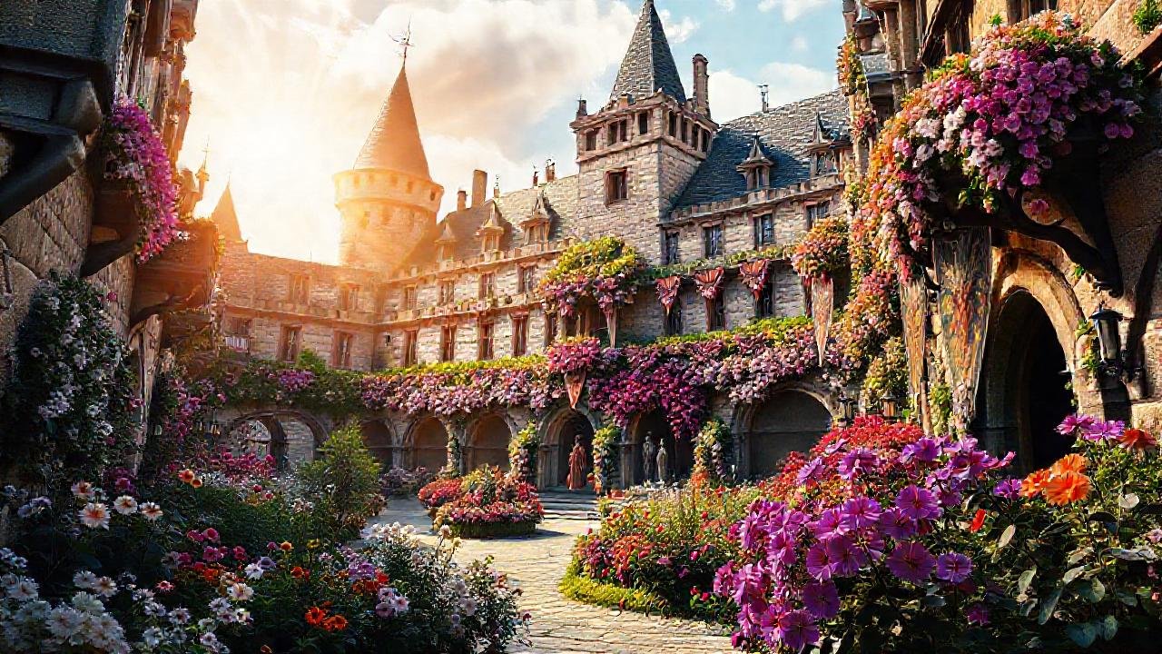 Castillo medieval, flores, luz y nobleza