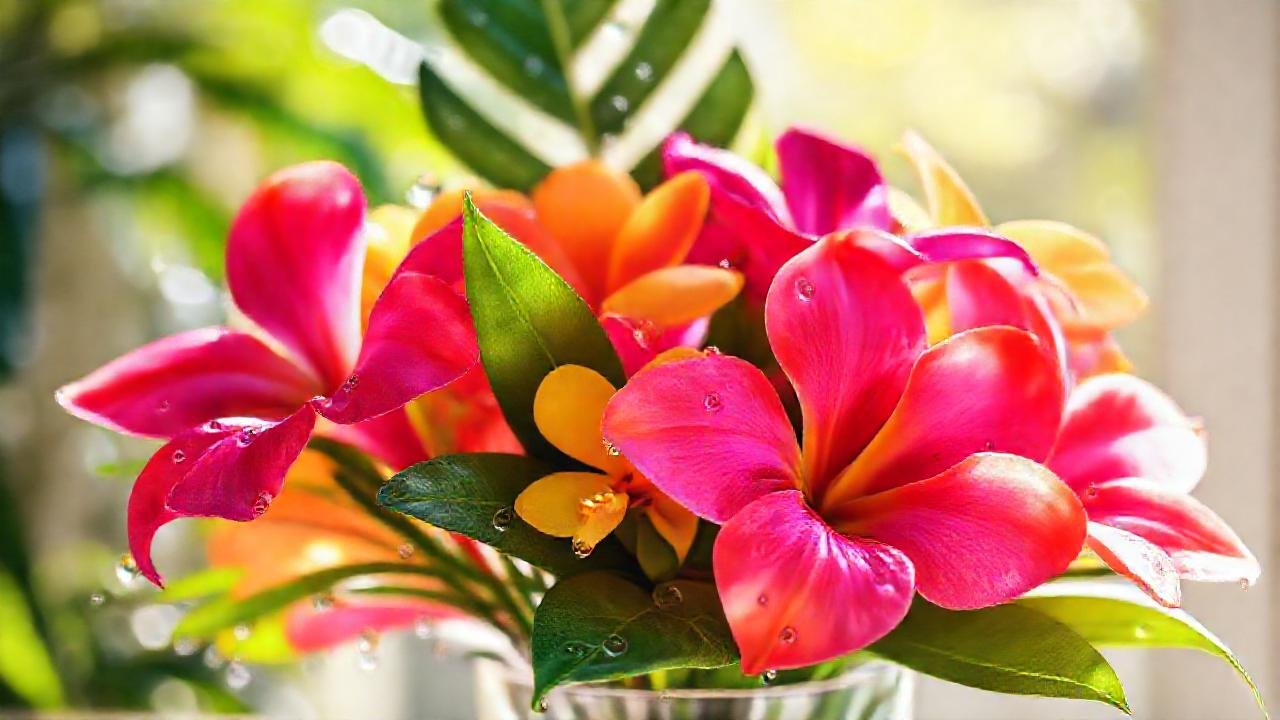 Flores tropicales brillan en un vaso