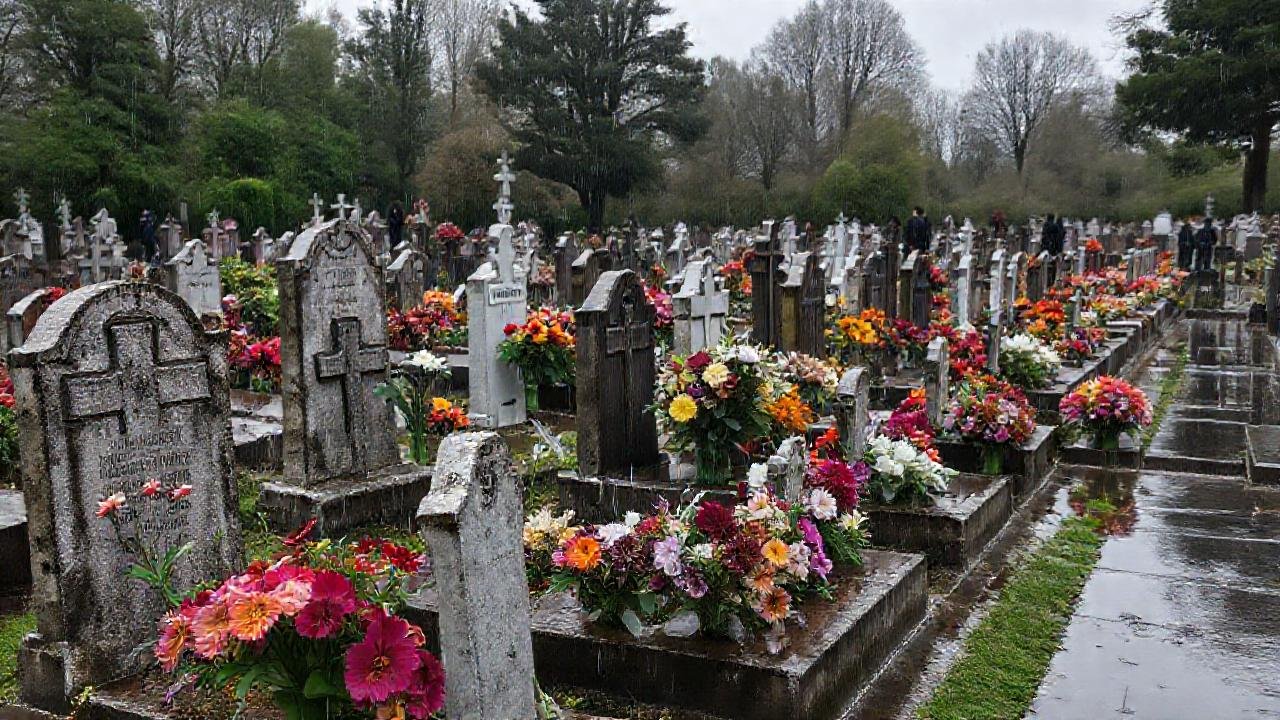 Lluvia y flores en el cementerio