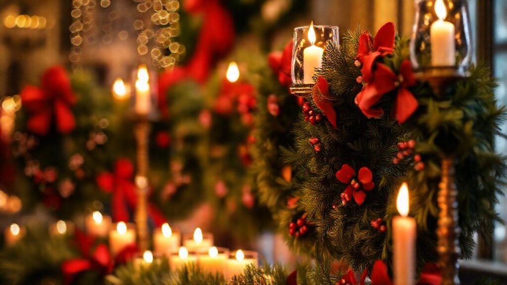 Guirnaldas navideñas iluminadas con colores ricos