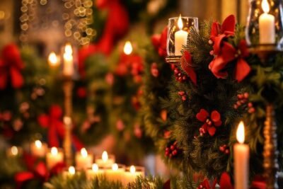 Guirnaldas navideñas iluminadas con colores ricos