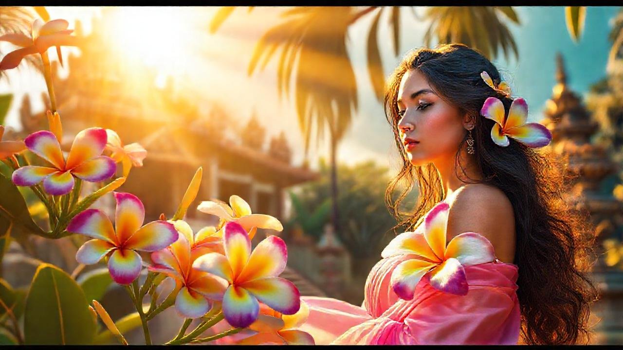 Plumería dorada, belleza etérea, templo sereno