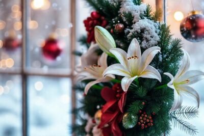 Un lirio navideño brilla cálidamente