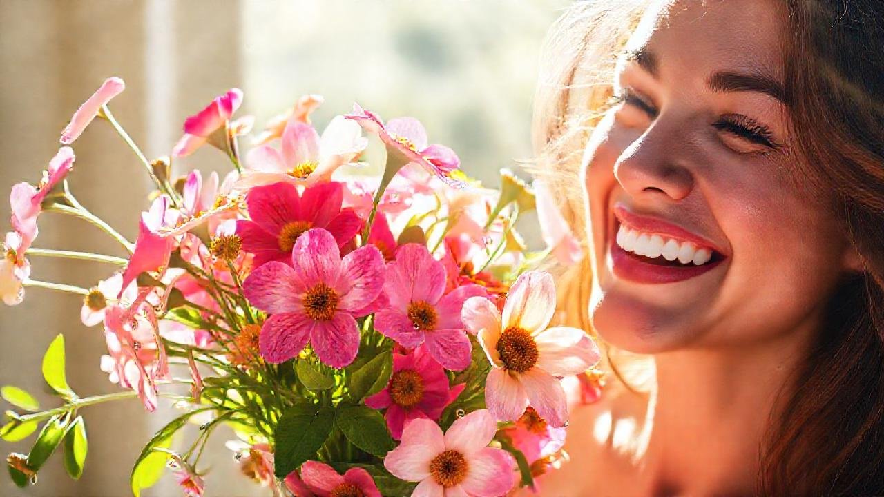 Flores vibrantes iluminan una feliz mujer