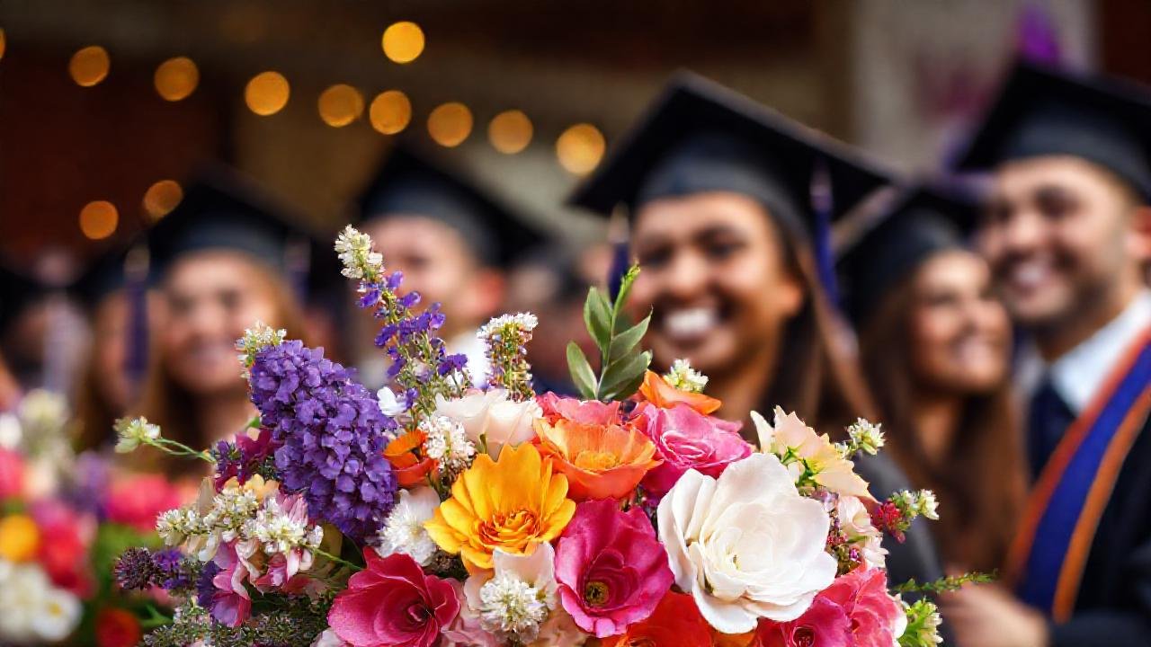 Graduados felices reciben flores elegantes