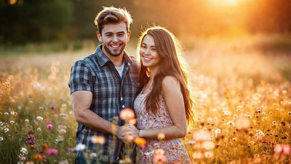 Pareja adolescente en prado mágico