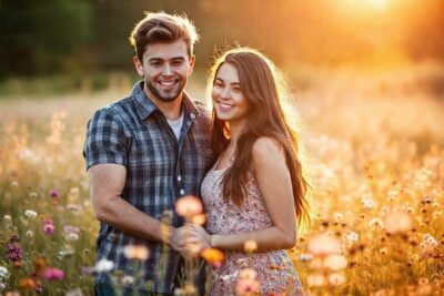 Pareja adolescente en prado mágico