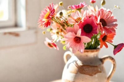 Un jarrón cerámico captura flores luminosas
